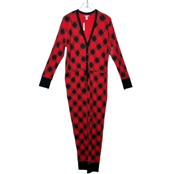 NEW Victoria’s Secret Red Plaid Pajama Thermal Waffle Knit Jumpsuit Sz XL - Picture 3 of 13